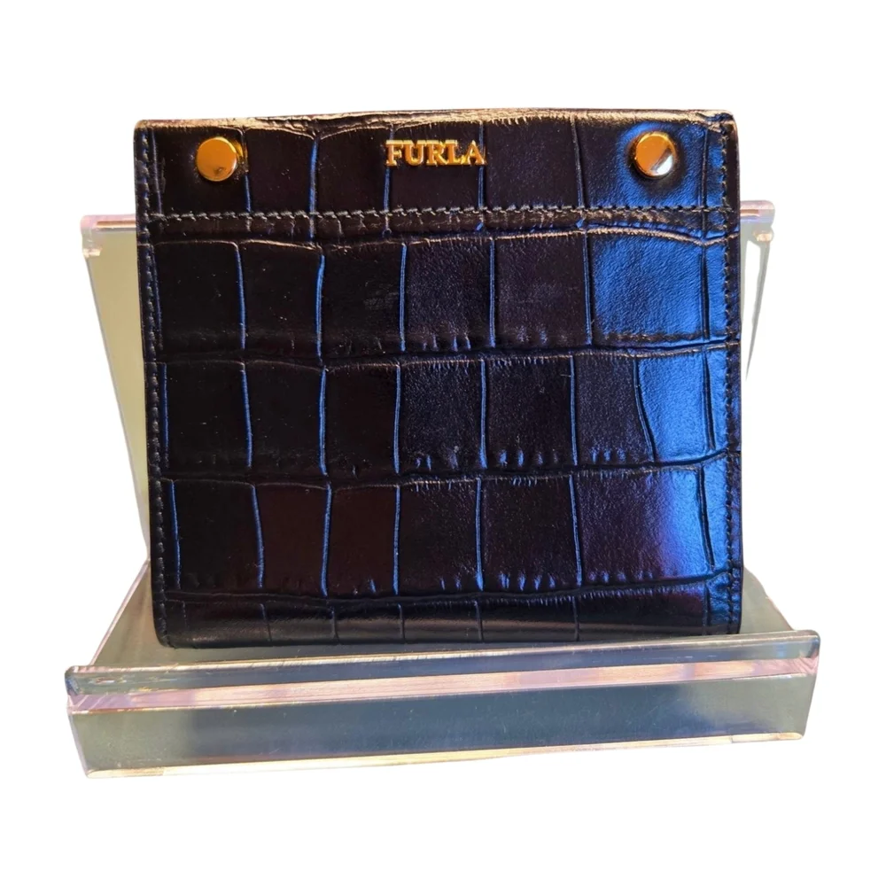 FURLA Lady M Black Croc-Embossed Compact Wallet